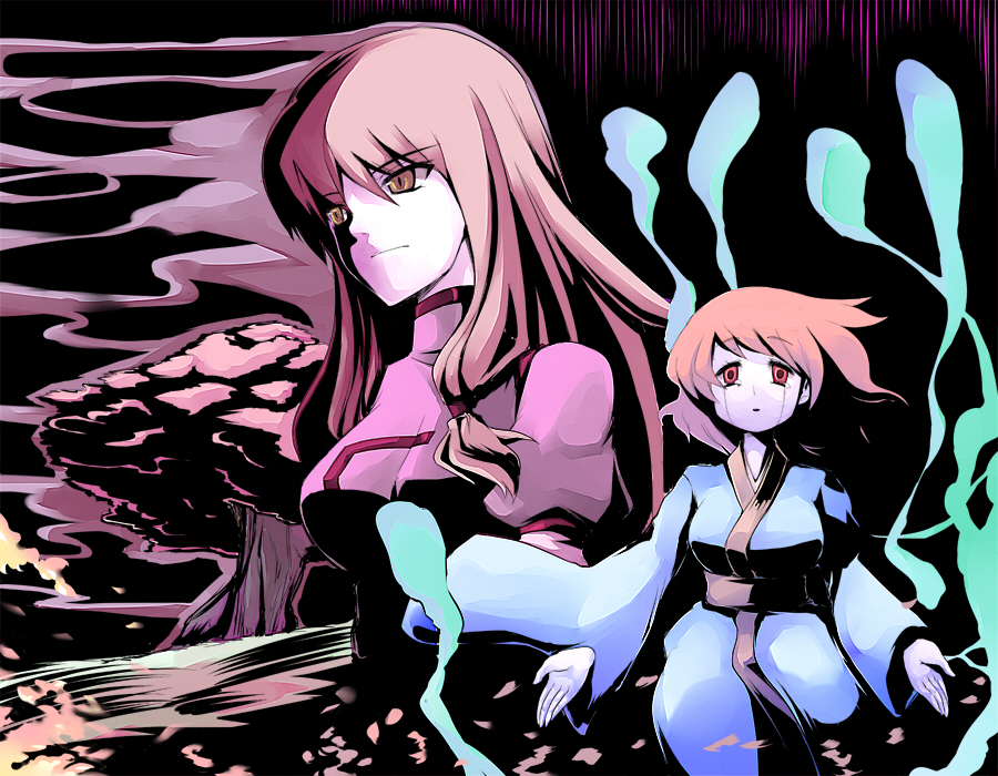 numako, saigyouji yuyuko, yakumo yukari, touhou, bad id, bad pixiv id, 2girls, female focus, multiple girls, no headwear, tears, tree