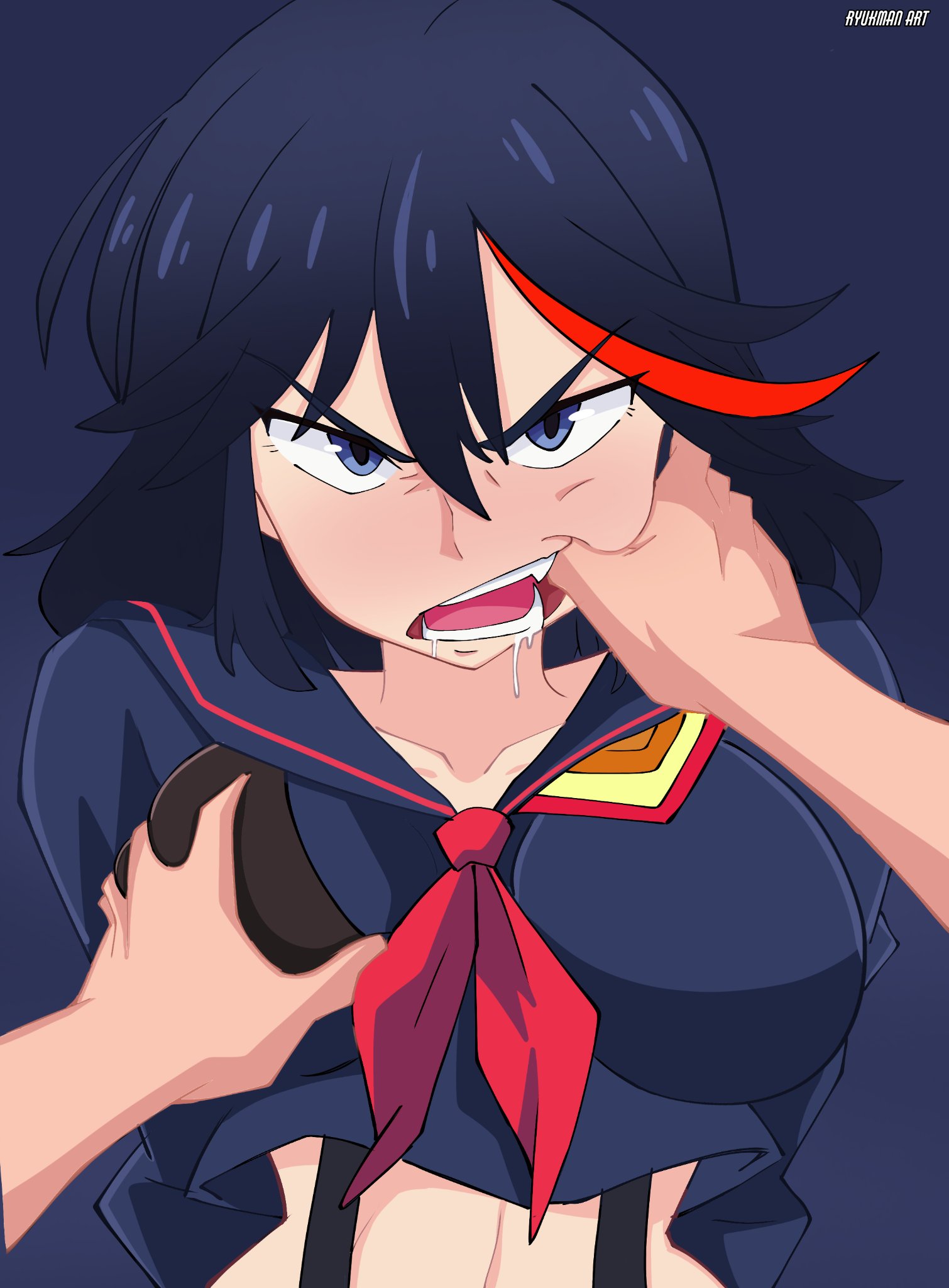 ryukman, matoi ryuuko, kill la kill, commentary, english commentary, highres, 1girl, 1other, angry, arms behind back, artist name, black suspenders, blue background, blue eyes, blue hair, blue serafuku, breasts, collarbone, cropped shirt, finger in another's mouth, grabbing another's breast, groping, hair between eyes, hand on another's cheek, hand on another's face, large breasts, looking at viewer, medium hair, midriff, multicolored hair, neckerchief, nose, open mouth, red neckerchief, red streaks, saliva, school uniform, serafuku, simple background, solo focus, teeth, tongue, two-tone hair, upper body