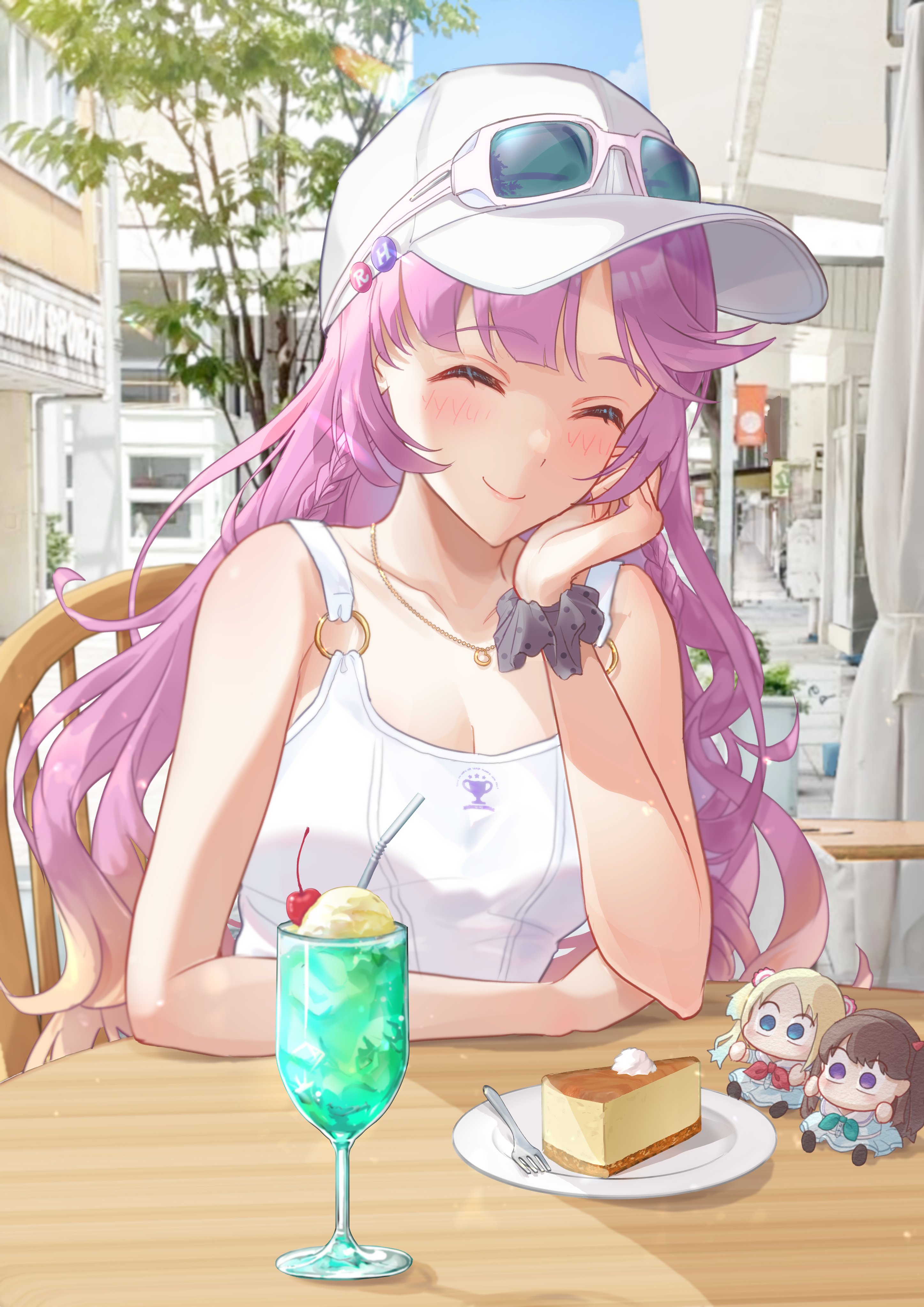 kobassy, anyoji hime, fujishima megumi, osawa rurino, link! like! love live!, love live!, absurdres, commentary, highres, 1girl, ^ ^, alternate costume, bare shoulders, baseball cap, blonde hair, blue eyes, blue hair, breasts, brown hair, chain, chain necklace, character doll, cheesecake, chibi, cleavage, closed eyes, closed mouth, day, doll, elbows on table, eyewear on headwear, facing viewer, food, fork, gold necklace, gradient hair, grey scrunchie, hair ornament, hat, heart, heart necklace, ice cream, ice cream float, jewelry, letter hair ornament, medium breasts, multicolored hair, necklace, o-ring, o-ring top, outdoors, photo background, pink hair, polka dot, polka dot scrunchie, pov dating, purple eyes, round table, scrunchie, shirt, sidelocks, sleeveless, sleeveless shirt, smile, solo, sunglasses, table, tree, twintails, two side up, unmoving pattern, virtual youtuber, wavy hair, white hat, white shirt, wrist scrunchie