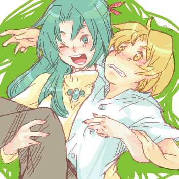 houjou satoshi, sonozaki shion, higurashi no naku koro ni, lowres, 00s, 1boy, 1girl, blonde hair, blush, green eyes, green hair, half updo, long hair, one eye closed, ribbon, short hair, wink, yellow eyes