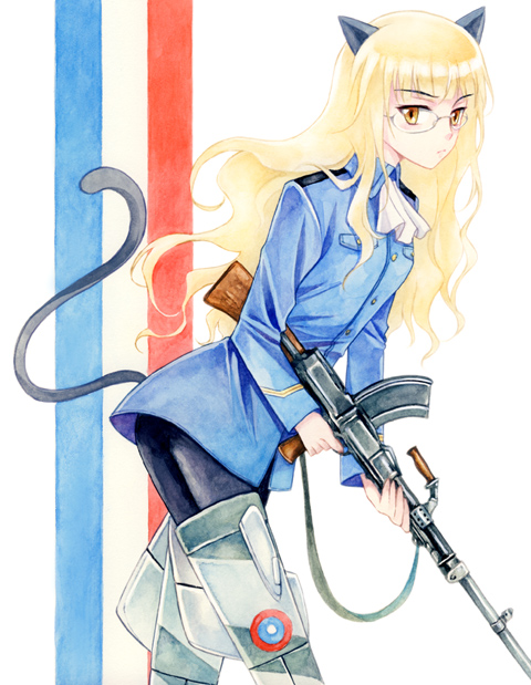 agahari, perrine h. clostermann, strike witches, world witches series, bad id, bad pixiv id, traditional media, 00s, 1girl, animal ears, blonde hair, bren lmg, cat ears, cat tail, female focus, glasses, gun, light machine gun, long hair, machine gun, pantyhose, rifle, solo, striker unit, tail, weapon, yellow eyes