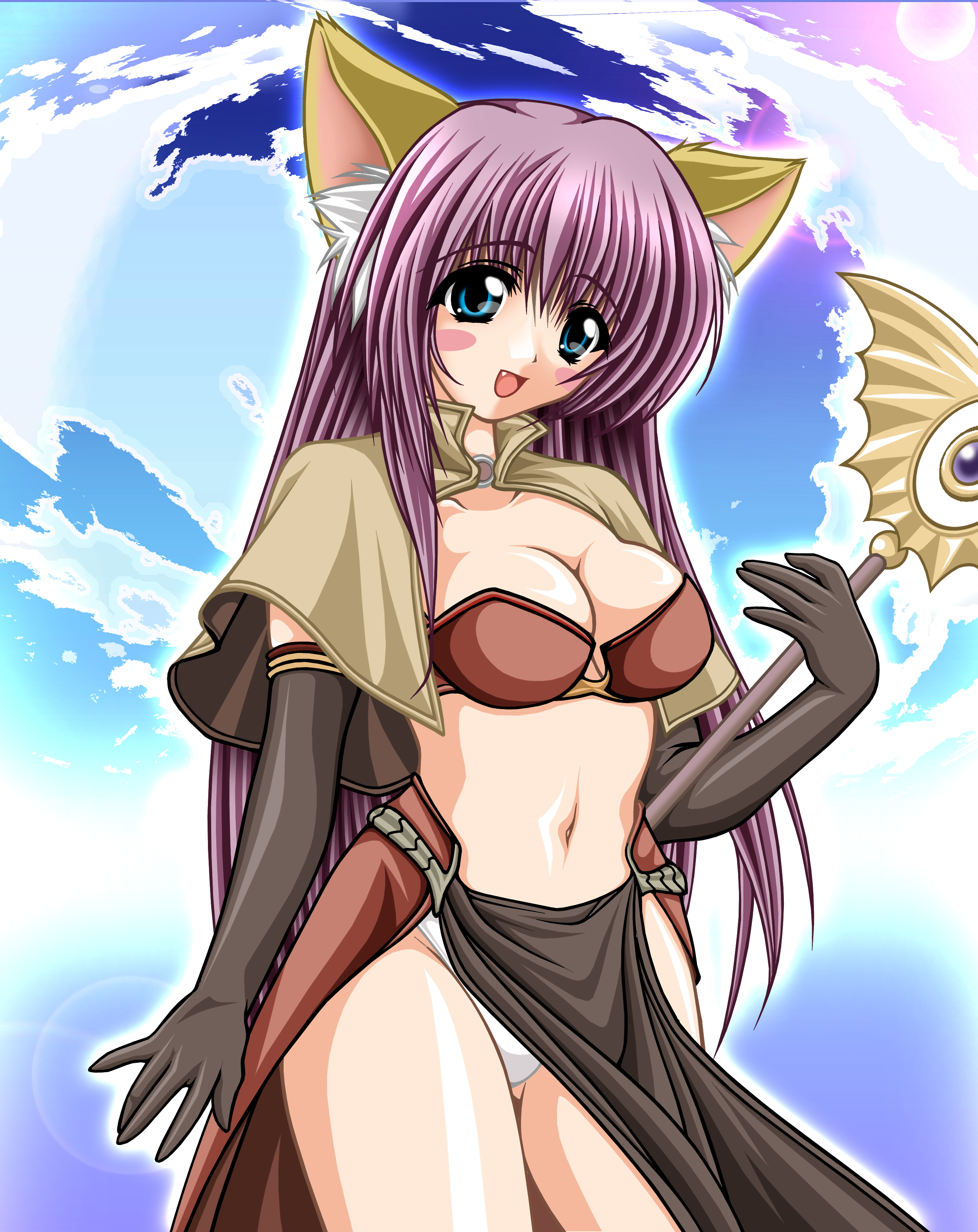 tomoya kankurou, mage (ragnarok online), ragnarok online, absurdres, highres, 1girl, animal ears, blue eyes, blush, breasts, cat ears, cleavage, elbow gloves, female focus, gloves, panties, pelvic curtain, purple hair, solo, staff, underwear