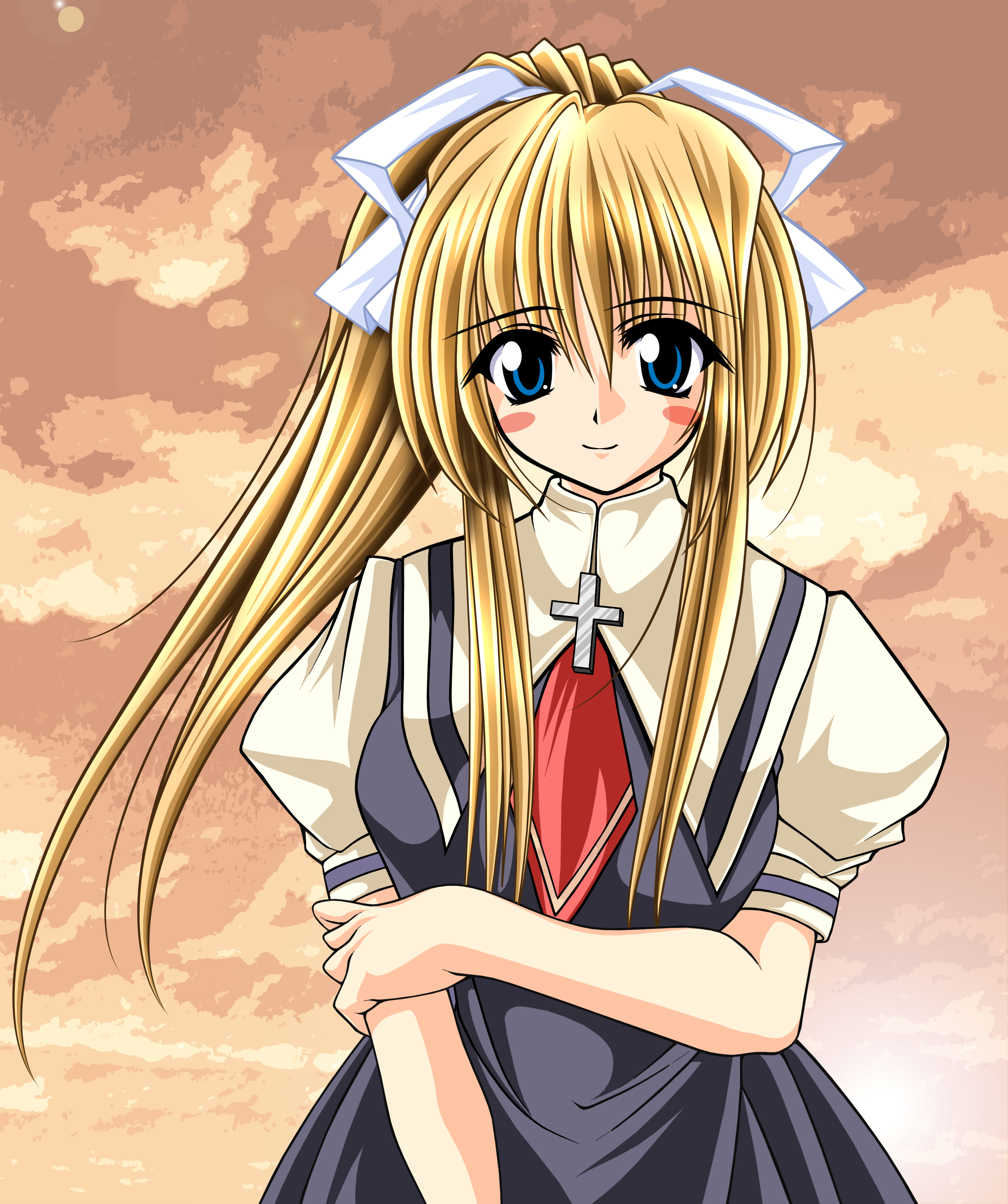 tomoya kankurou, kamio misuzu, air (visual novel), absurdres, highres, 00s, blonde hair, blue eyes, blush, cross, necktie, ponytail, school uniform, serafuku, solo