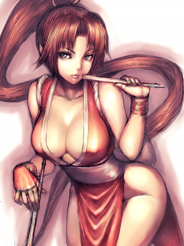 fumio (rsqkr), shiranui mai, fatal fury, snk, the king of fighters, 1girl, breasts, brown eyes, brown hair, cleavage, female focus, folded fan, folding fan, hand fan, holding, holding fan, japanese clothes, large breasts, leaning forward, long hair, pelvic curtain, ponytail, solo, very long hair