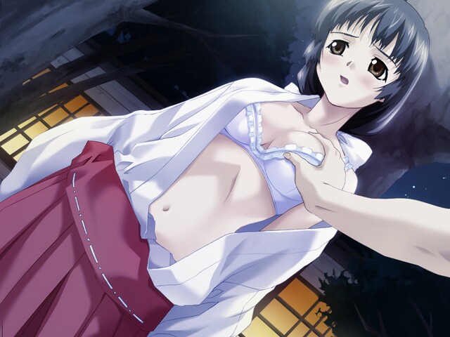 tajima nao, shikimori sara, natsukage, game cg, non-web source, 1girl, black hair, bra, breasts, brown eyes, dutch angle, grabbing another's breast, groping, hakama, hakama skirt, japanese clothes, large breasts, lingerie, miko, open clothes, red hakama, skirt, solo focus, underwear