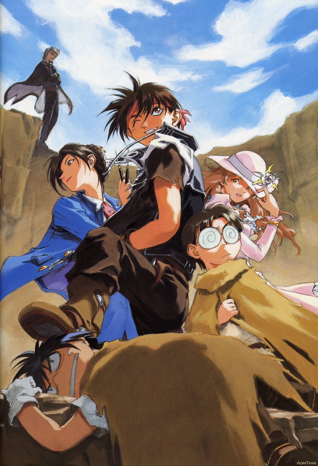 kusaka yuuya, bonnie magee, constance magee, dortin, keith royal, orphen, volkan, majutsushi orphen, highres, scan, 2girls, 4boys, black hair, brown hair, cape, cloud, day, dress, glasses, gloves, hat, headband, long hair, multiple boys, multiple girls, one eye closed, sky