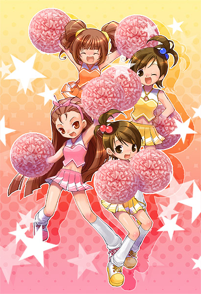 futami ami, futami mami, minase iori, takatsuki yayoi, idolmaster, idolmaster (classic), idolmaster 1, non-web source, 00s, 4girls, brown hair, cheerleader, closed eyes, hair bobbles, hair ornament, multiple girls, one eye closed, pom pom (cheerleading), siblings, side ponytail, sisters, star (symbol), twins, twintails, wink