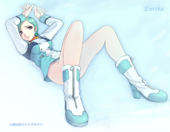 yoko juusuke, eureka (eureka seven), eureka seven, eureka seven (series), bad id, bad pixiv id, 00s, 1girl, aqua hair, female focus, gradient background, hair ornament, hairclip, lying, panties, purple eyes, short hair, solo, underwear