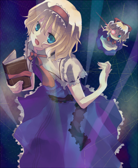 suzumura tomo, alice margatroid, shanghai doll, touhou, 2girls, blonde hair, blue eyes, book, female focus, hairband, multiple girls, short hair, solo
