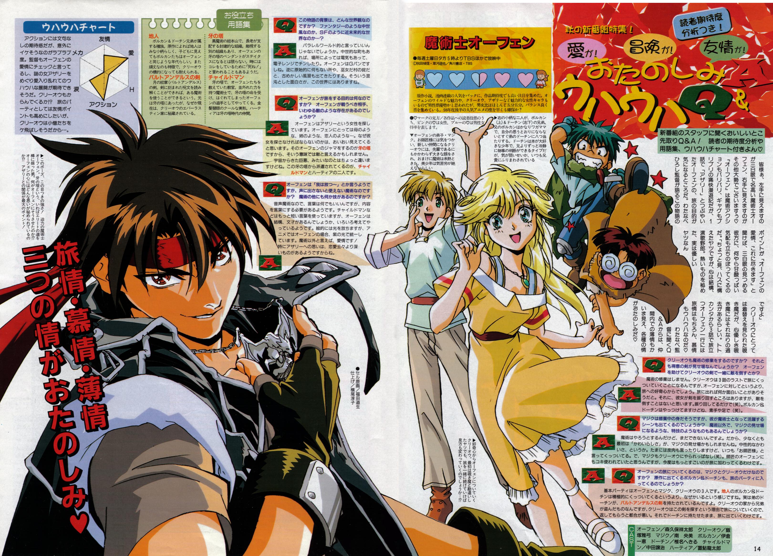 fukuda michio, cleo everlastin, dortin, majic lin, orphen, volkan, majutsushi orphen, absurdres, highres, magazine scan, scan, 1girl, 4boys, black hair, blonde hair, brown hair, dress, fingerless gloves, glasses, gloves, headband, long hair, multiple boys, open mouth