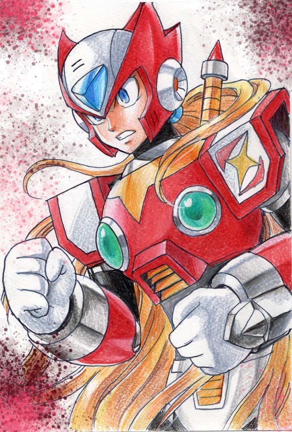 hijiriiyaa, zero (mega man), mega man (series), mega man x (series), krita (medium), traditional media, 1boy, armor, blonde hair, blue eyes, chest jewel, clenched hands, cowboy shot, forehead jewel, glass pen, helmet, long hair, red armor, red helmet, solo, white background