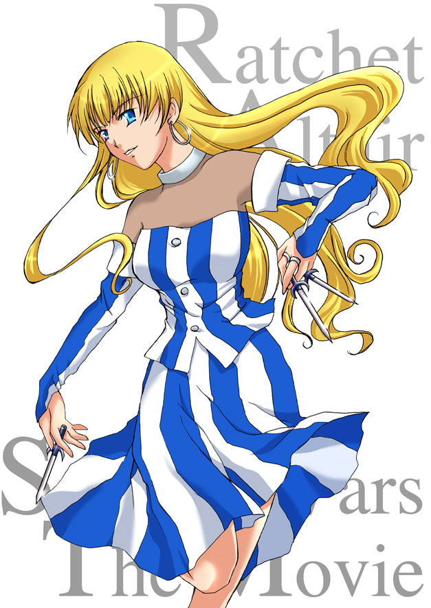 ratchet altair, sakura taisen, sakura taisen v, 00s, blonde hair, blue eyes, detached sleeves, dress, earrings, jewelry, knife, long hair, solo