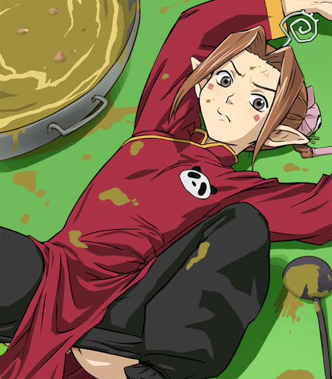 haruyama kazunori, kaana, kaana (niea 7), niea 7, 00s, 1girl, antennae, brown eyes, brown hair, bun cover, china dress, chinese clothes, double bun, dress, female focus, hair bun, lying, pointy ears, solo, spill