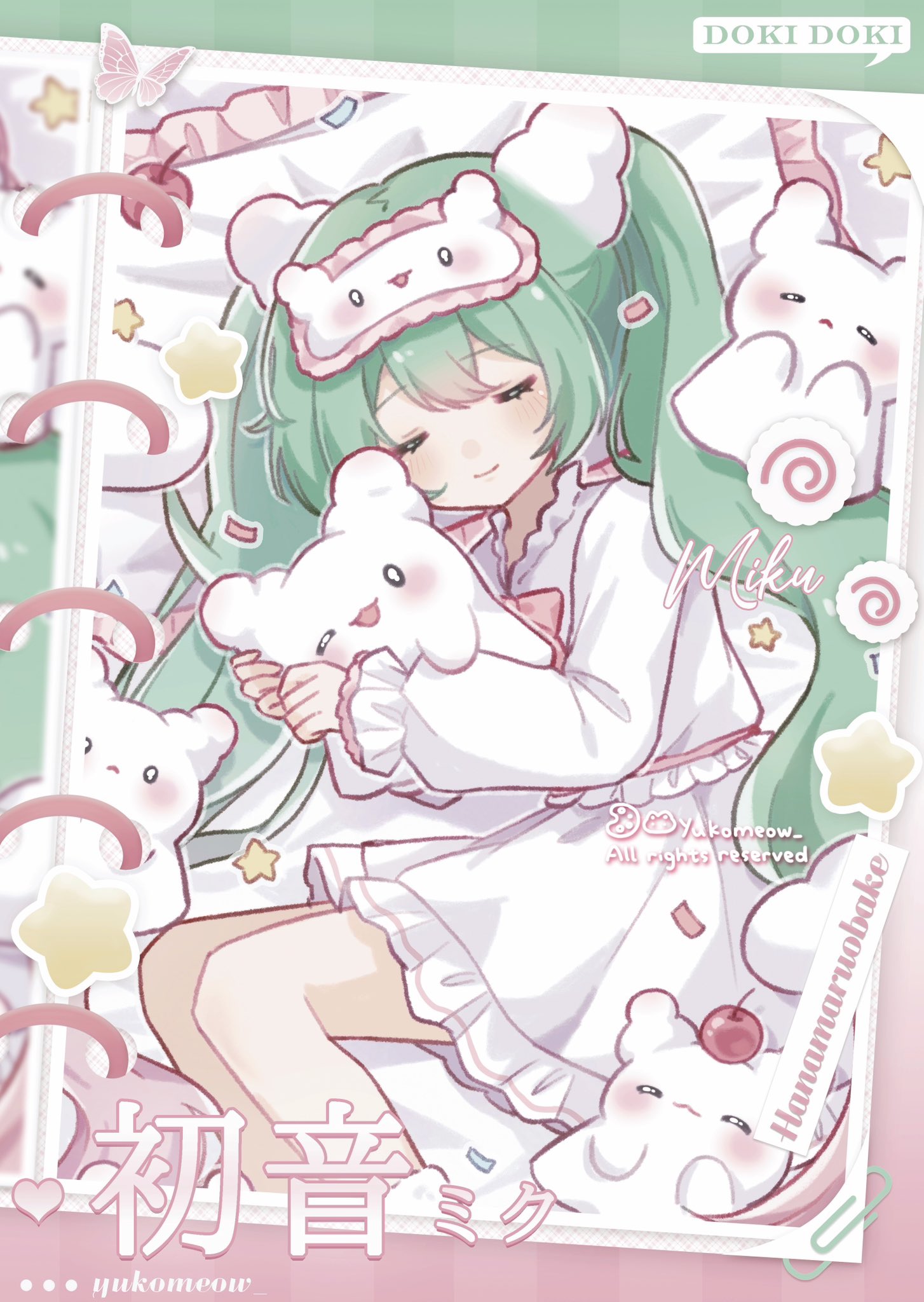 yukomeow, hatsune miku, sanrio, vocaloid, commentary, highres, 1girl, :3, ;d, blush, bow, bowtie, character name, closed eyes, closed mouth, feet out of frame, frilled skirt, frilled sleeves, frills, green hair, hanamaruobake, long hair, long sleeves, lying, on side, one eye closed, open mouth, red bow, red bowtie, shirt, skirt, sleep mask, smile, twintails, watermark, white shirt, white skirt