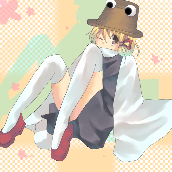suzumura tomo, moriya suwako, touhou, 1girl, blonde hair, female focus, hair ribbon, hat, ribbon, solo, thighhighs