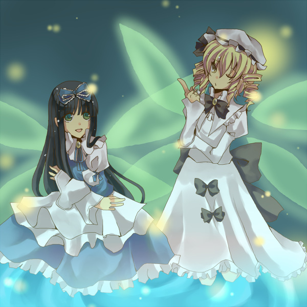 suzumura tomo, luna child, star sapphire, eastern and little nature deity, touhou, touhou sangetsusei, 2girls, black hair, blonde hair, female focus, gradient background, green eyes, hat, multiple girls, standing, wings, yellow eyes