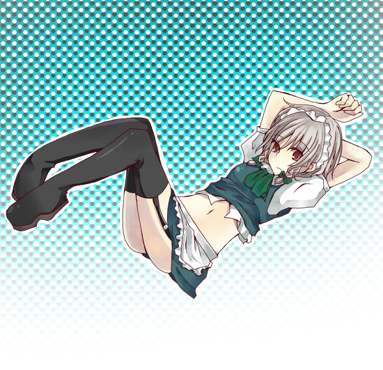 suzumura tomo, izayoi sakuya, embodiment of scarlet devil, touhou, silver hair, 1girl, ass, female focus, full body, halftone, halftone background, maid, red eyes, skirt, solo, thighhighs, white background