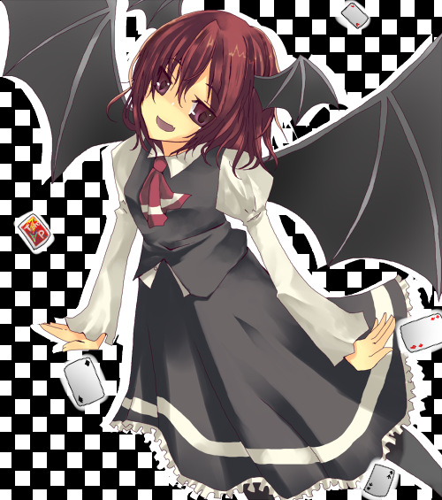 suzumura tomo, koakuma, embodiment of scarlet devil, touhou, 1girl, bat wings, card, female focus, floating card, head wings, pantyhose, red eyes, red hair, solo, wings