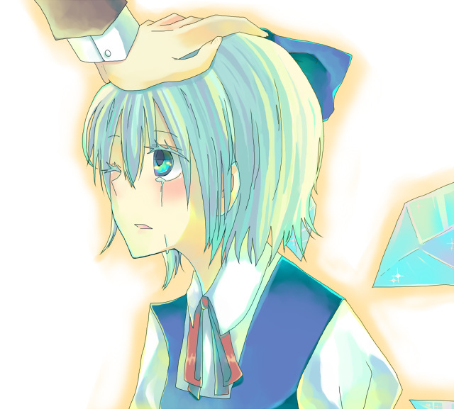 suzumura tomo, cirno, embodiment of scarlet devil, touhou, 1girl, blue eyes, blue hair, bow, female focus, head pat, headpat, short hair, solo focus, tears, wings