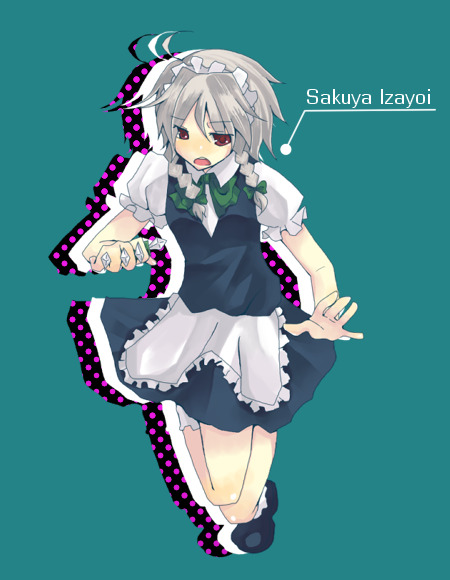 suzumura tomo, izayoi sakuya, touhou, silver hair, 1girl, female focus, knife, maid, red eyes, solo, throwing knife, weapon