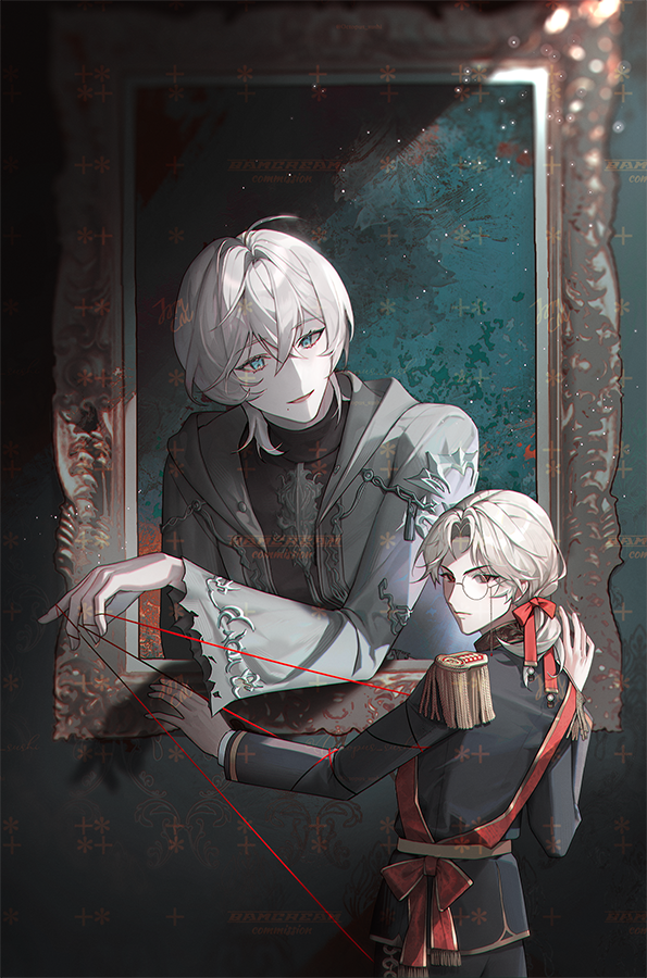 bamcream, final fantasy, final fantasy xiv, character request, commentary, commission, english commentary, 2boys, black jacket, blue eyes, closed mouth, crossed bangs, epaulettes, grey hair, grey jacket, hair between eyes, jacket, long sleeves, male focus, monocle, multiple boys, open clothes, open jacket, parted bangs, parted lips, red eyes, short hair, through medium, through painting, wide sleeves