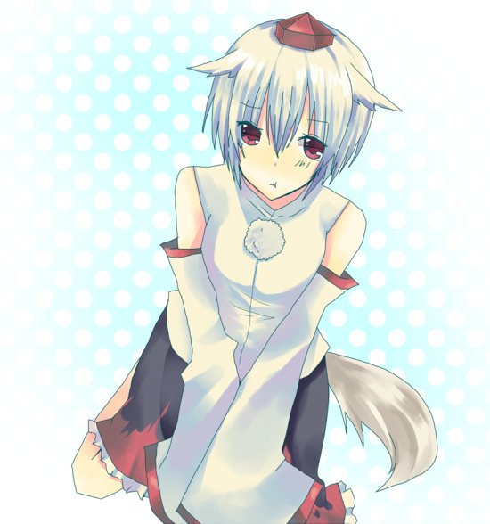 suzumura tomo, inubashiri momiji, touhou, eyebrows, 1girl, albino, animal ears, bare shoulders, closed mouth, detached sleeves, dog ears, dog tail, female focus, frills, from above, hat, kneeling, looking at viewer, pom pom (clothes), red eyes, short hair, skirt, solo, tail, white hair, wolf ears
