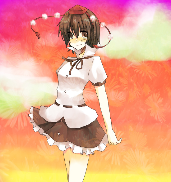 suzumura tomo, shameimaru aya, touhou, 1girl, cloud, female focus, hat, outdoors, short hair, sky, smile, solo, standing