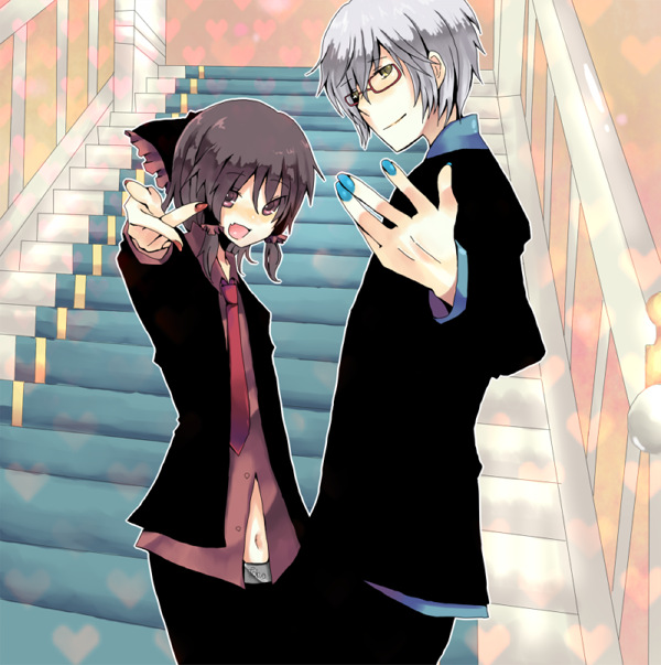 suzumura tomo, hakurei reimu, morichika rinnosuke, touhou, 1boy, 1girl, alternate costume, contemporary, formal clothes, nail polish, navel, necktie, pant suit, pants, stairs, suit