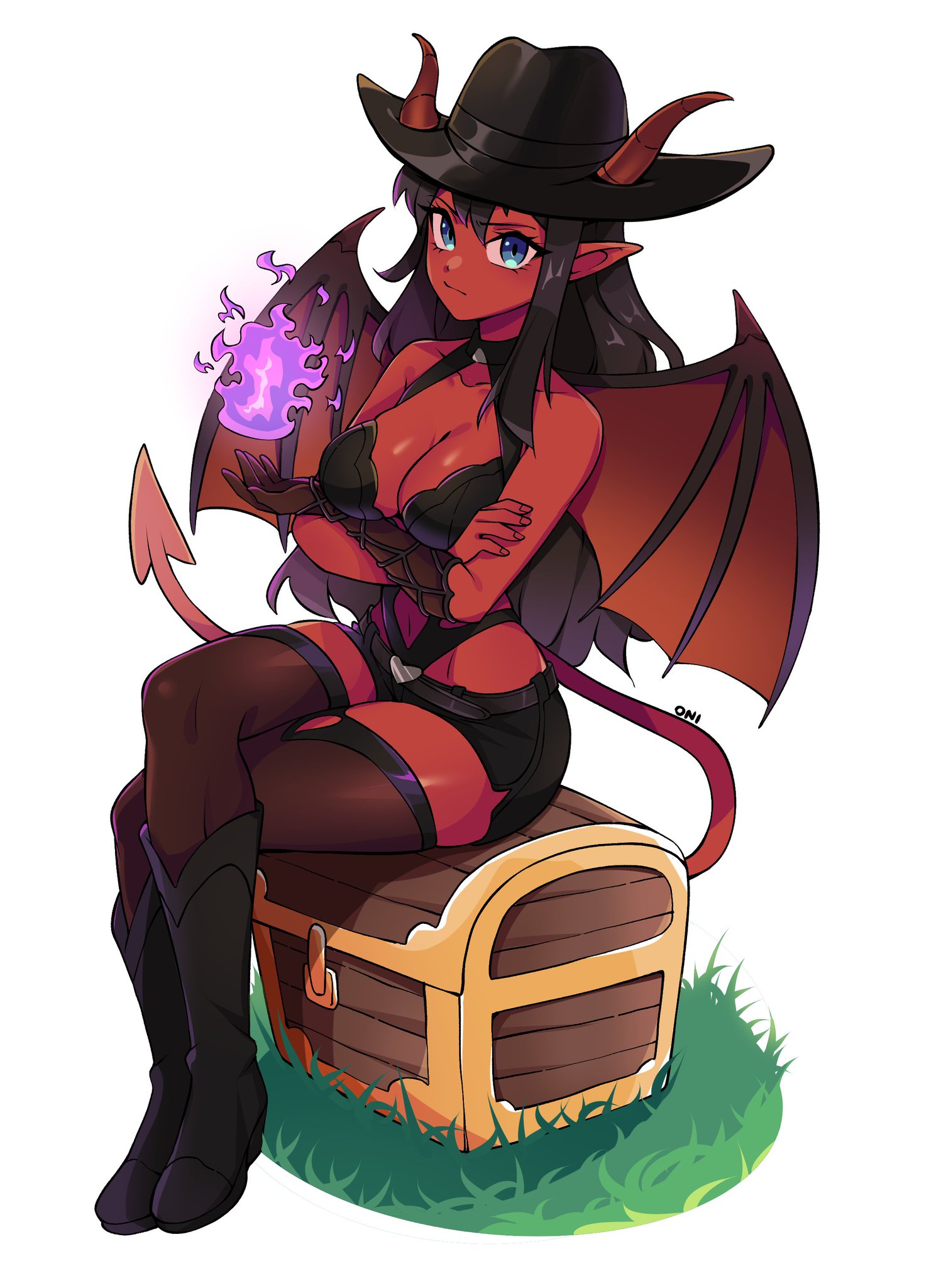 oninuer, original, commentary, commission, english commentary, highres, 1girl, black boots, black bra, black gloves, black hair, black hat, black shorts, black thighhighs, blue eyes, boots, bra, breasts, cleavage, closed mouth, collarbone, crossed legs, demon girl, demon horns, demon tail, demon wings, elbow gloves, fire, full body, gloves, hat, horns, knee boots, large breasts, long hair, looking at viewer, pointy ears, purple fire, pyrokinesis, red hair, short shorts, shorts, simple background, single glove, sitting, sitting on object, solo, tail, thighhighs, treasure chest, underwear, white background, wings