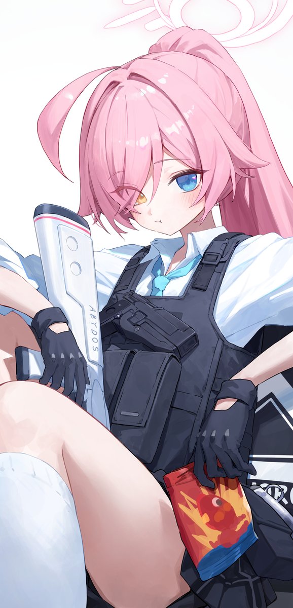 kakutasu, hoshino (armed) (blue archive), hoshino (blue archive), blue archive, highres, 1girl, ahoge, ballistic shield, beretta 1301, beretta 92, black gloves, black skirt, blue eyes, blue necktie, breasts, bulletproof vest, candy, closed mouth, eating, food, food packaging, gloves, gummy bear, gun, hair between eyes, halo, handgun, heterochromia, high ponytail, holding, holding food, holding gun, holding weapon, long hair, long sleeves, looking at viewer, miniskirt, necktie, official alternate costume, official alternate hairstyle, pink hair, pink halo, pleated skirt, ponytail, school uniform, shield, shirt, shotgun, simple background, sitting, skirt, small breasts, socks, tactical school uniform, thighs, very long hair, vest, weapon, white shirt, white socks, yellow eyes