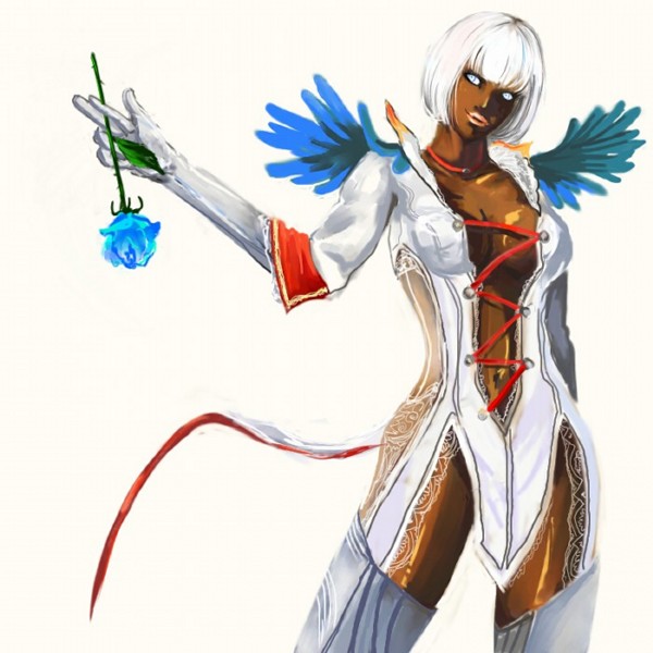 gloria (devil may cry), trish (devil may cry), capcom, devil may cry, devil may cry (series), devil may cry 4, 00s, 1girl, blue eyes, breasts, cleavage, dark skin, flower, lipstick, makeup, white hair