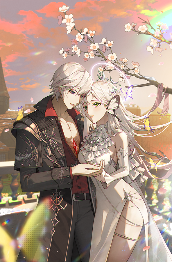 bamcream, lost ark, character request, commentary, commission, english commentary, 1boy, 1girl, bare shoulders, belt, black belt, black coat, black pants, blonde hair, blue eyes, breasts, coat, cowboy shot, day, dress, flower, green eyes, grey hair, long hair, long sleeves, medium breasts, open clothes, open coat, outdoors, pants, parted lips, red shirt, shirt, short hair, sleeveless, sleeveless dress, white dress, white flower