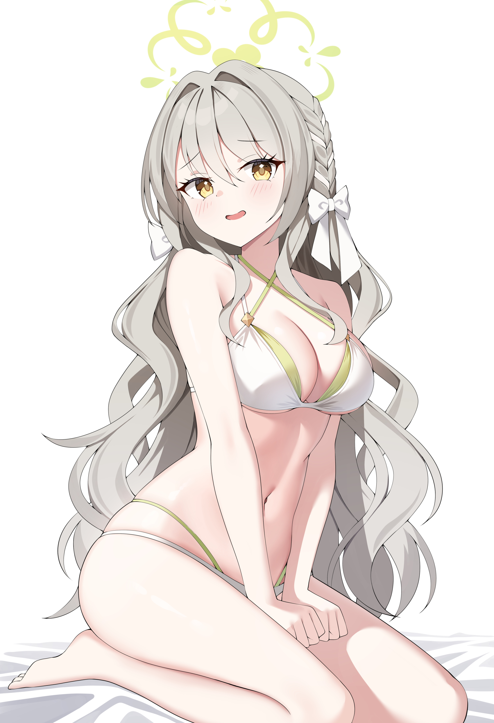 sob (submar1089), miyo (blue archive), blue archive, absurdres, commentary, highres, 1girl, bare shoulders, barefoot, bikini, blush, bow, braid, breasts, choppy bangs, cleavage, criss-cross halter, furrowed brow, green bikini, green halo, grey hair, hair between eyes, hair bow, hair intakes, hair ribbon, halo, halterneck, layered bikini, long hair, looking at viewer, medium breasts, navel, open mouth, ribbon, ribbon braid, seiza, simple background, sitting, solo, stomach, swimsuit, v arms, very long hair, white background, white bikini, white bow, yellow eyes