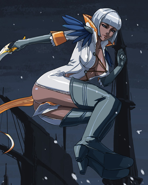 usatarou, gloria (devil may cry), trish (devil may cry), capcom, devil may cry, devil may cry (series), devil may cry 4, blade, commentary request, photoshop (medium), 00s, 1girl, ass, between legs, blue eyes, blunt bangs, boots, breasts, cleavage, dark-skinned female, dark skin, elbow gloves, female focus, full body, gloves, high heel boots, high heels, large breasts, legs together, loincloth, looking at viewer, medium breasts, night, no bra, outdoors, revealing clothes, shoes, snow, solo, thigh boots, thighhighs, weapon, white hair