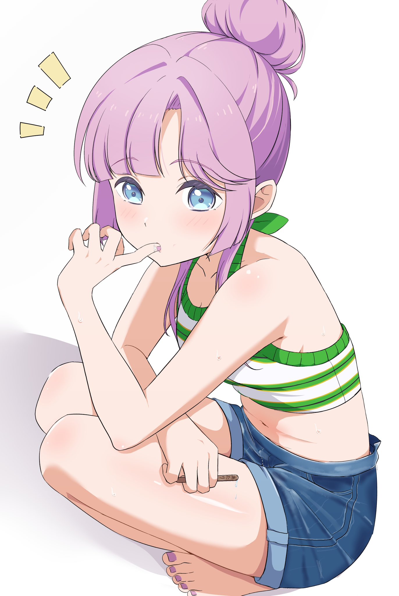 zanpon, anyoji hime, anyoji hime (sleepover at ginko's), link! like! love live!, love live!, commentary, highres, 1girl, backless shirt, bare shoulders, blue eyes, blue shorts, blunt sidelocks, blush, breasts, cleavage, covering own mouth, crop top, denim, denim shorts, fingernails, full body, green shirt, hair bun, halter shirt, halterneck, hand over own mouth, holding, holding stick, looking at viewer, midriff, navel, notice lines, official alternate costume, official alternate hairstyle, pink hair, pink nails, popsicle stick, shirt, short hair, short shorts, shorts, sidelocks, single hair bun, sleeveless, sleeveless shirt, small breasts, solo, squatting, stick, striped clothes, striped shirt, toenails, virtual youtuber