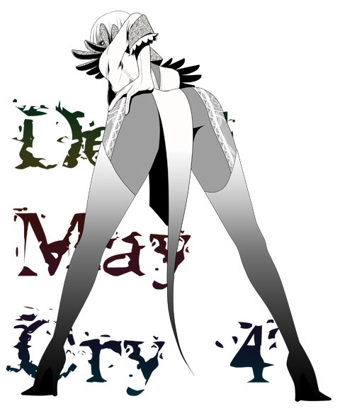 ryouko (artist), ryouko (ddism), gloria (devil may cry), trish (devil may cry), capcom, devil may cry, devil may cry (series), devil may cry 4, bad id, bad pixiv id, 00s, 1girl, ass, bent over, boots, dark-skinned female, dark skin, elbow gloves, female focus, from behind, gloves, greyscale, lace, loincloth, looking back, monochrome, short hair, solo, thigh boots, thighhighs, white hair