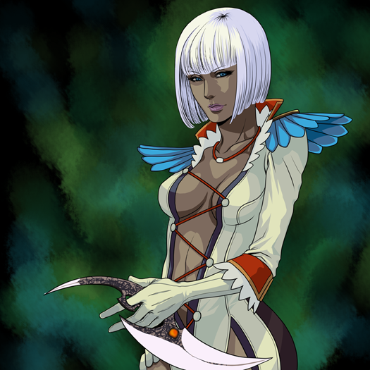 ryouko (ddism), gloria (devil may cry), trish (devil may cry), capcom, devil may cry, devil may cry (series), devil may cry 4, 00s, 1girl, blue eyes, blunt bangs, breasts, cleavage, dark-skinned female, dark skin, female focus, jewelry, lipstick, makeup, necklace, solo, standing, white hair
