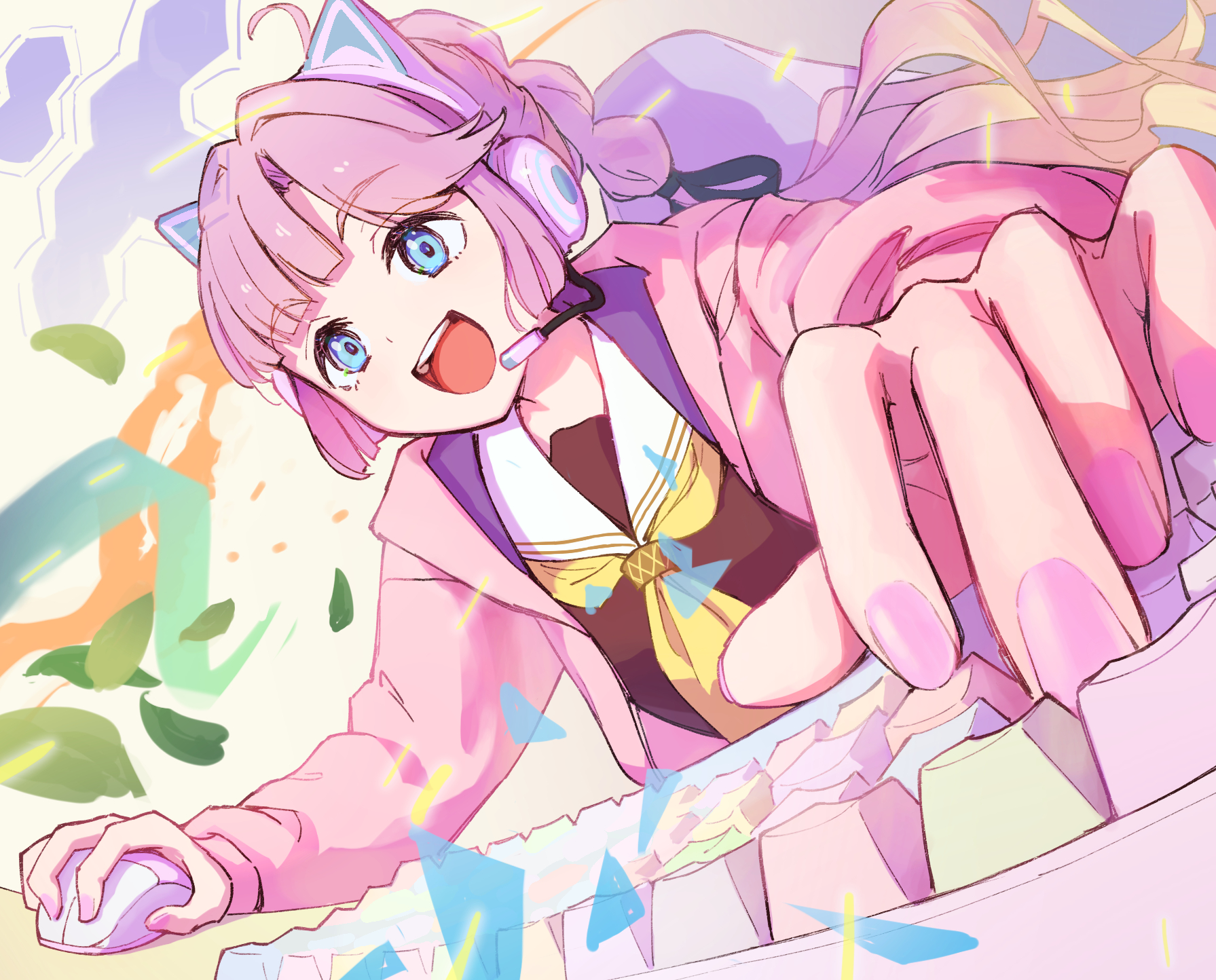 lao ren xing, anyoji hime, link! like! love live!, love live!, commentary, highres, 1girl, :d, animal ear headphones, animal ears, black ribbon, brown dress, cat ear headphones, cat ears, computer keyboard, dress, fake animal ears, falling leaves, hair intakes, hair ribbon, hasu no sora school uniform, headphones, headset, holding computer mouse, hood, hooded jacket, jacket, leaf, long hair, long sleeves, multi-tied hair, neckerchief, open clothes, open jacket, open mouth, pink jacket, pink nails, playing games, ponytail, ribbon, sailor collar, sailor dress, school uniform, sidelocks, smile, solo, sparks, teeth, upper body, upper teeth only, virtual youtuber, white sailor collar, winter uniform, yellow neckerchief