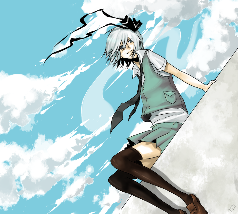 sasata, konpaku youmu, konpaku youmu (ghost), touhou, 1girl, cloud, day, female focus, hitodama, sitting, sky, solo, thighhighs