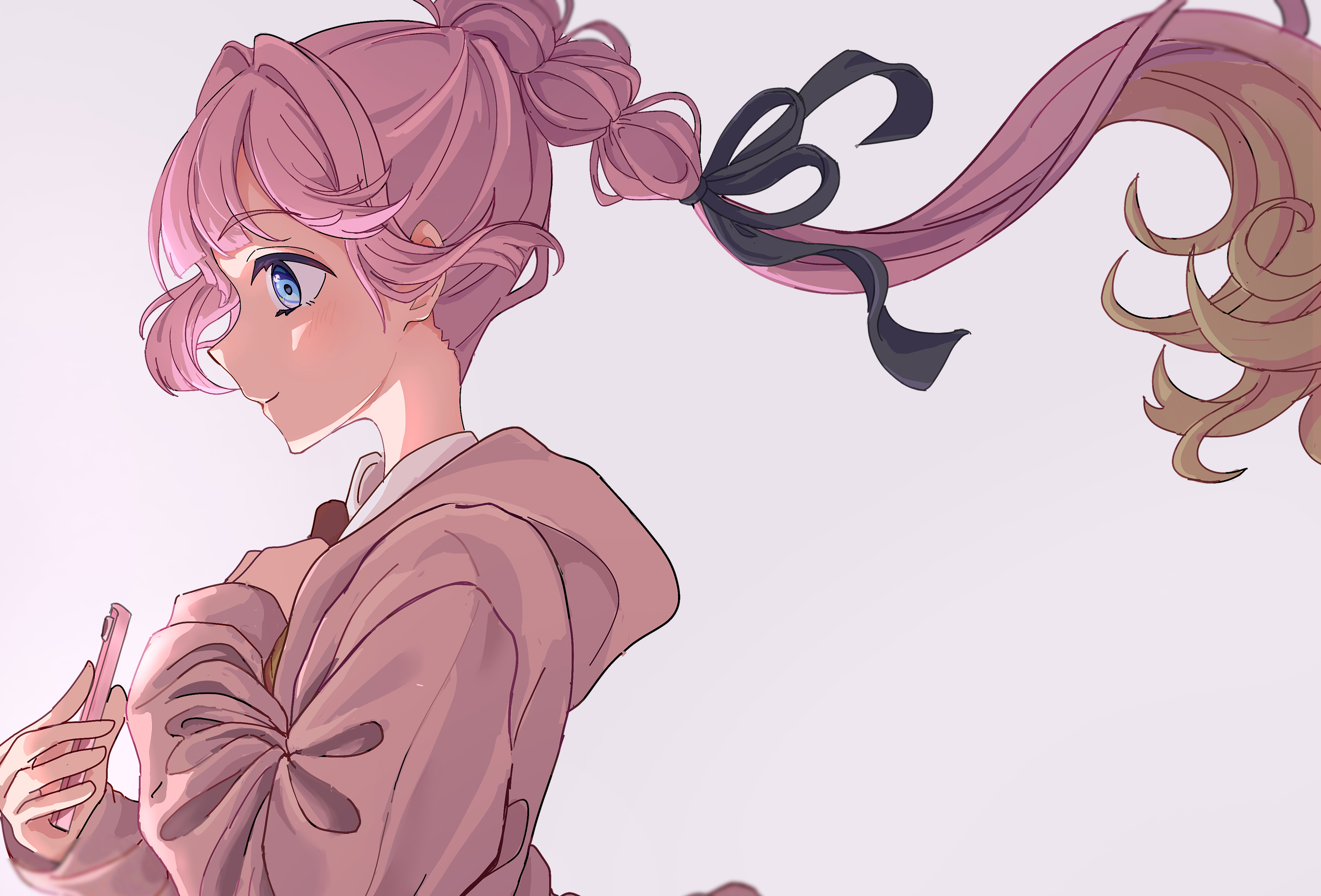 anyoji hime, link! like! love live!, love live!, absurdres, commentary request, highres, 1girl, black ribbon, blonde hair, blue eyes, blush, cellphone, closed mouth, floating hair, from side, gradient hair, hair intakes, hair ribbon, hasu no sora school uniform, holding, holding phone, hood, hooded jacket, jacket, long hair, long sleeves, mika yui, multi-tied hair, multicolored hair, neckerchief, open clothes, open jacket, phone, pink hair, pink jacket, ponytail, profile, ribbon, school uniform, sidelocks, simple background, smartphone, smile, solo, very long hair, virtual youtuber, white background, winter uniform, yellow neckerchief