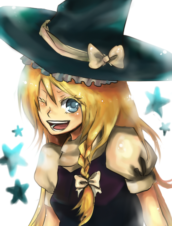 sasata, kirisame marisa, touhou, 1girl, blonde hair, blue eyes, braid, female focus, hair ribbon, hat, ribbon, solo, wink, witch, witch hat