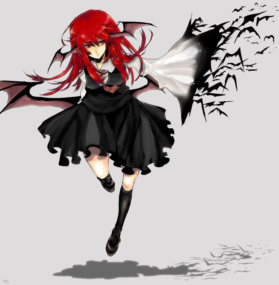sasata, koakuma, embodiment of scarlet devil, touhou, 1girl, bat (animal), bat wings, female focus, full body, grey background, head wings, necktie, red eyes, red hair, solo, wings