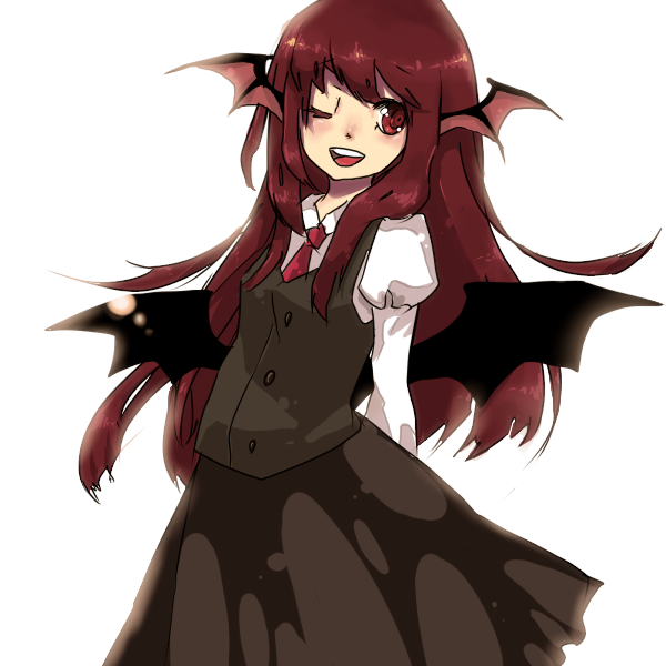 sasata, koakuma, embodiment of scarlet devil, touhou, 1girl, bat wings, female focus, head wings, one eye closed, red eyes, red hair, simple background, solo, standing, white background, wings, wink