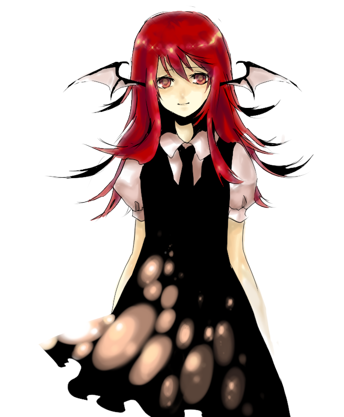 sasata, koakuma, embodiment of scarlet devil, touhou, 1girl, bat wings, female focus, head wings, red eyes, red hair, simple background, solo, standing, white background, wings