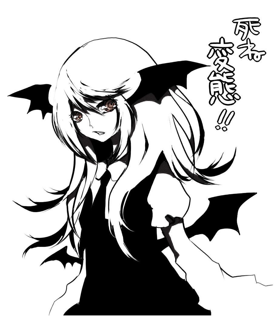 sasata, koakuma, embodiment of scarlet devil, touhou, 1girl, bat wings, dress, female focus, greyscale, head wings, monochrome, solo, spot color, white background, wings