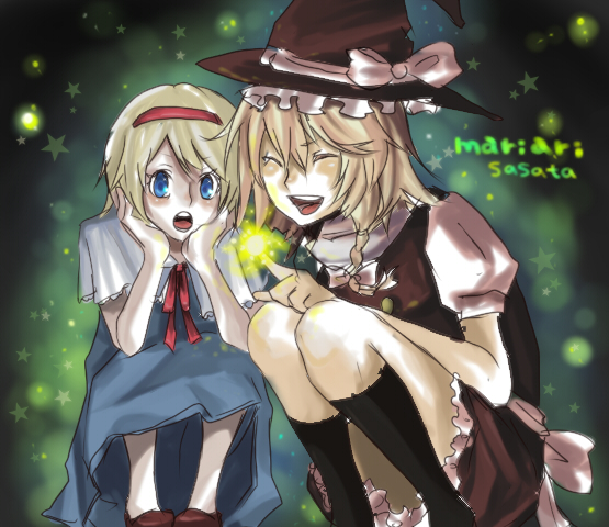 sasata, alice margatroid, kirisame marisa, touhou, 2girls, blonde hair, closed eyes, dress, female focus, gradient background, hairband, hat, multiple girls, witch, witch hat