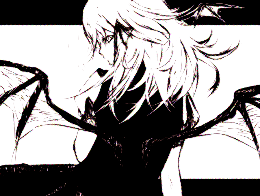 sasata, koakuma, embodiment of scarlet devil, touhou, 1girl, back, bat wings, female focus, greyscale, halftone, head wings, monochrome, solo, wings