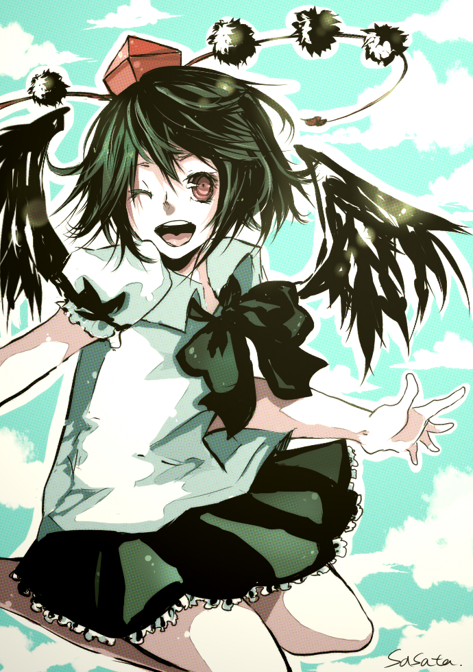 sasata, shameimaru aya, touhou, 1girl, black hair, black wings, cloud, female focus, hat, looking at viewer, one eye closed, open mouth, red eyes, ribbon, sky, smile, solo, wings, wink