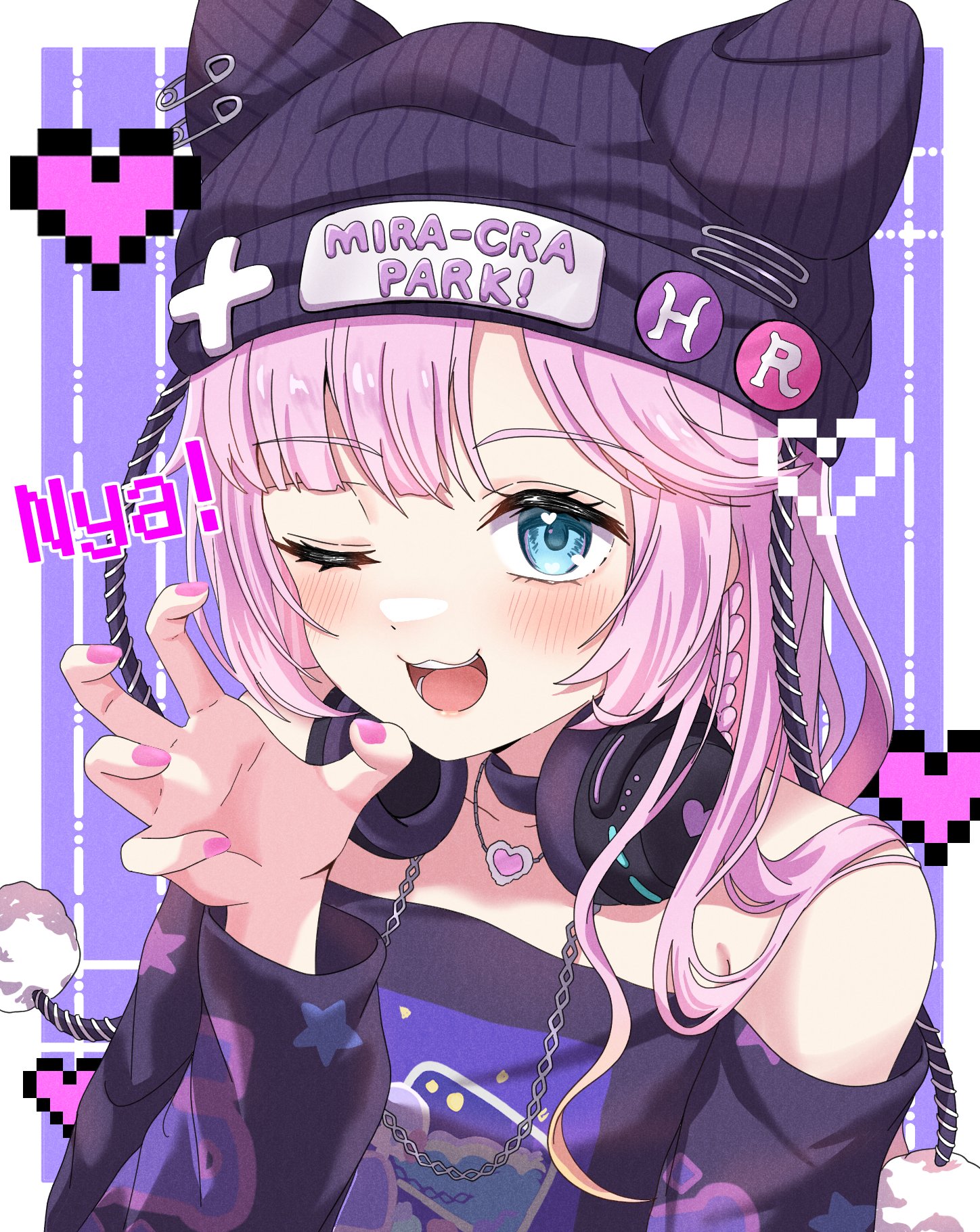 katanashi (ktnsh popu), anyoji hime, link! like! love live!, love live!, commentary request, highres, 1girl, ;3, ;d, animal hat, armpit crease, bare shoulders, beanie, black hat, black shirt, blush, border, cat hat, claw pose, collarbone, hat, headphones, headphones around neck, heart, heart in eye, heart necklace, jewelry, long sleeves, looking at viewer, necklace, nyan, nyao signyal, off-shoulder shirt, off shoulder, official alternate costume, one eye closed, open mouth, outside border, pixel heart, pixelated, purple background, shirt, smile, solo, symbol in eye, virtual youtuber, white border