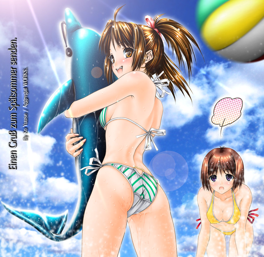 yuuse kouichi, original, 2girls, back, ball, beachball, bent over, bikini, breasts, brown eyes, brown hair, cleavage, day, dolphin, hair ribbon, looking back, medium breasts, multiple girls, purple eyes, ribbon, short hair, side-tie bikini bottom, sideboob, striped bikini, striped clothes, swimsuit, twintails, wet